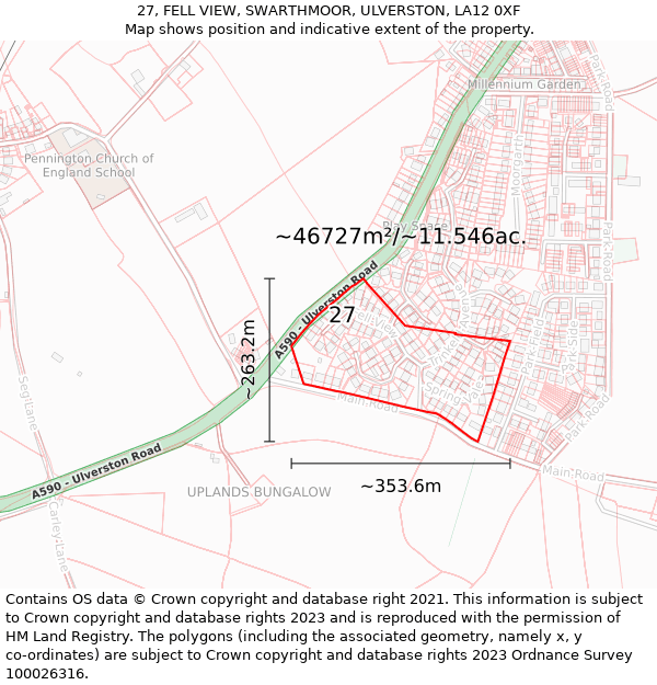 27, FELL VIEW, SWARTHMOOR, ULVERSTON, LA12 0XF: Plot and title map