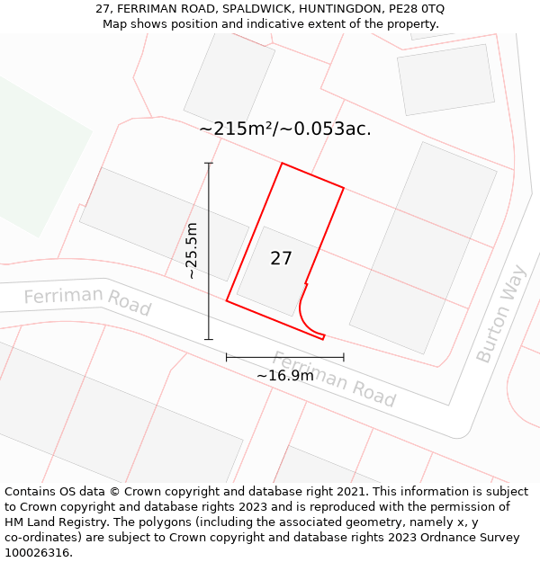 27, FERRIMAN ROAD, SPALDWICK, HUNTINGDON, PE28 0TQ: Plot and title map