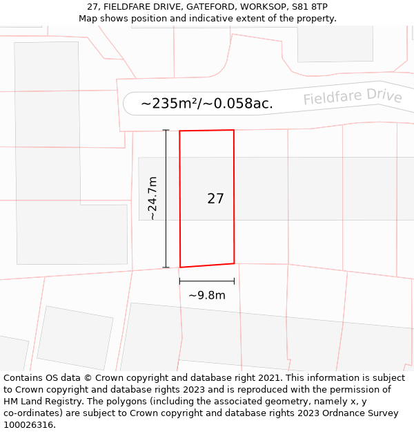 27, FIELDFARE DRIVE, GATEFORD, WORKSOP, S81 8TP: Plot and title map