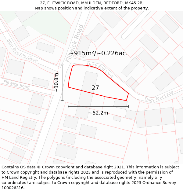 27, FLITWICK ROAD, MAULDEN, BEDFORD, MK45 2BJ: Plot and title map