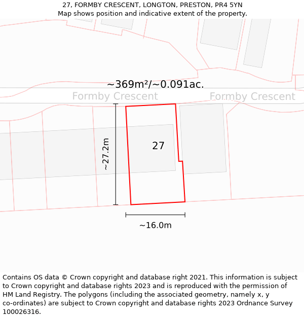 27, FORMBY CRESCENT, LONGTON, PRESTON, PR4 5YN: Plot and title map