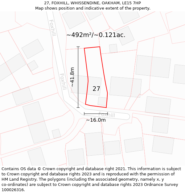 27, FOXHILL, WHISSENDINE, OAKHAM, LE15 7HP: Plot and title map