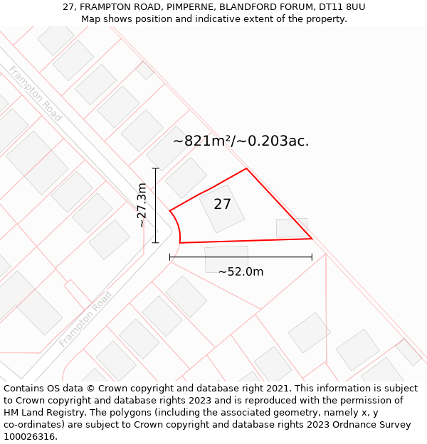 27, FRAMPTON ROAD, PIMPERNE, BLANDFORD FORUM, DT11 8UU: Plot and title map