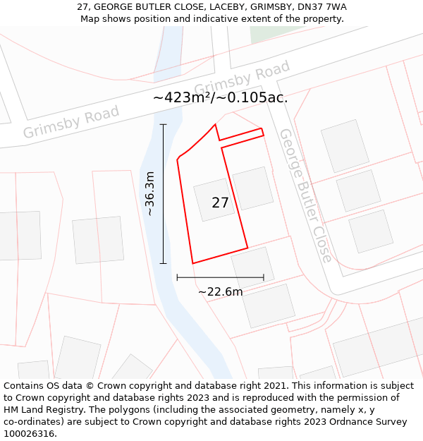 27, GEORGE BUTLER CLOSE, LACEBY, GRIMSBY, DN37 7WA: Plot and title map