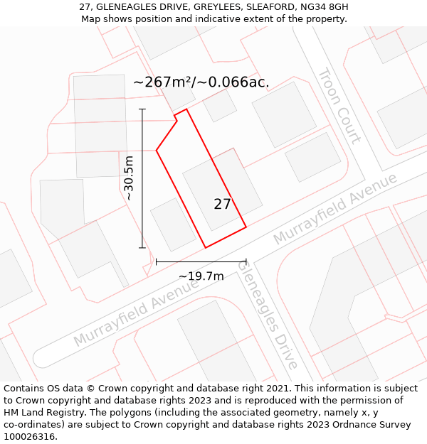 27, GLENEAGLES DRIVE, GREYLEES, SLEAFORD, NG34 8GH: Plot and title map