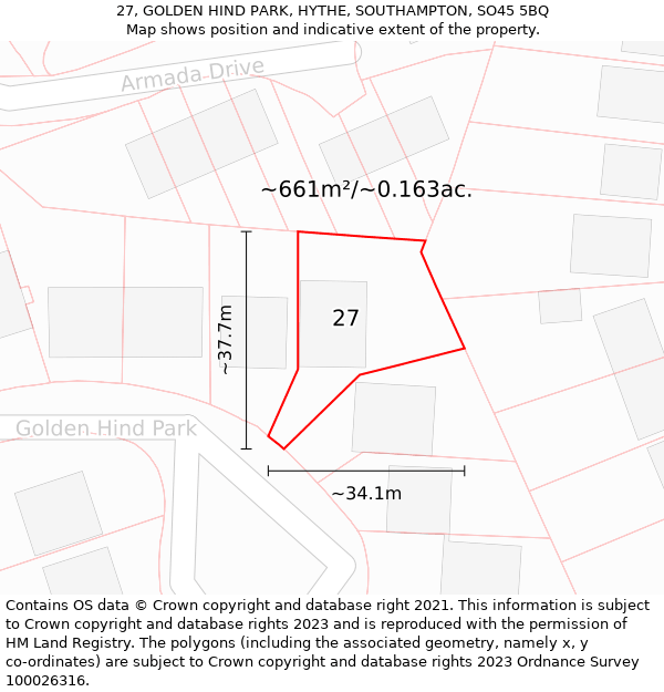 27, GOLDEN HIND PARK, HYTHE, SOUTHAMPTON, SO45 5BQ: Plot and title map