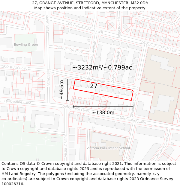 27, GRANGE AVENUE, STRETFORD, MANCHESTER, M32 0DA: Plot and title map