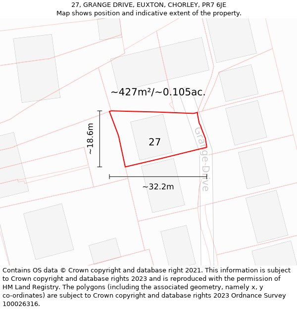 27, GRANGE DRIVE, EUXTON, CHORLEY, PR7 6JE: Plot and title map