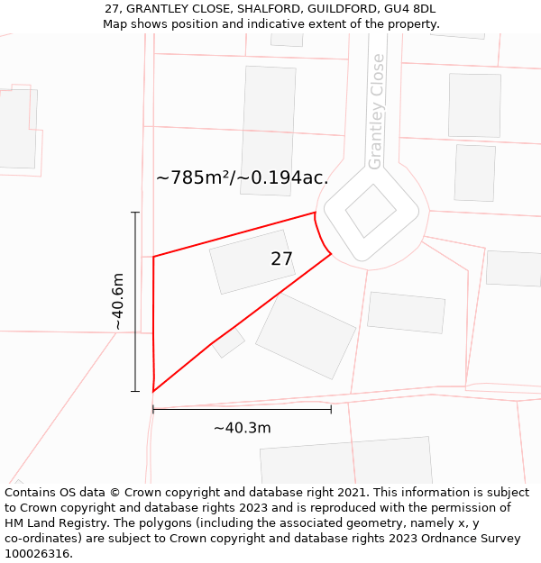 27, GRANTLEY CLOSE, SHALFORD, GUILDFORD, GU4 8DL: Plot and title map