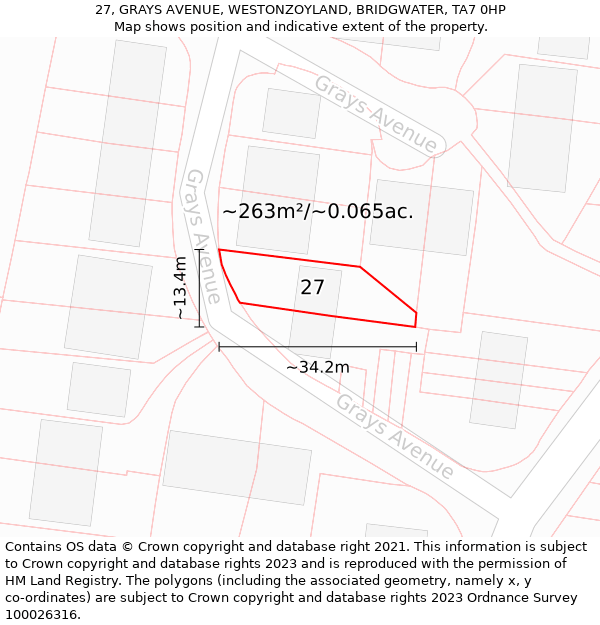 27, GRAYS AVENUE, WESTONZOYLAND, BRIDGWATER, TA7 0HP: Plot and title map