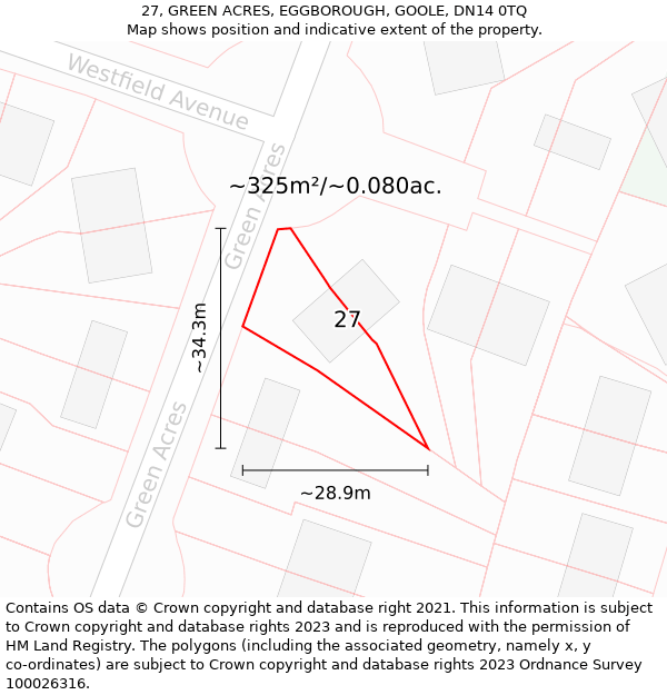 27, GREEN ACRES, EGGBOROUGH, GOOLE, DN14 0TQ: Plot and title map