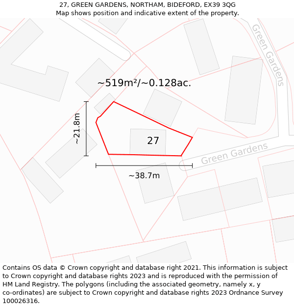 27, GREEN GARDENS, NORTHAM, BIDEFORD, EX39 3QG: Plot and title map