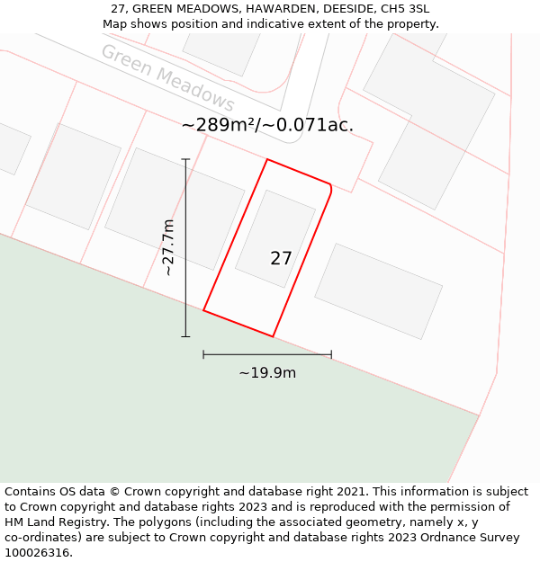 27, GREEN MEADOWS, HAWARDEN, DEESIDE, CH5 3SL: Plot and title map