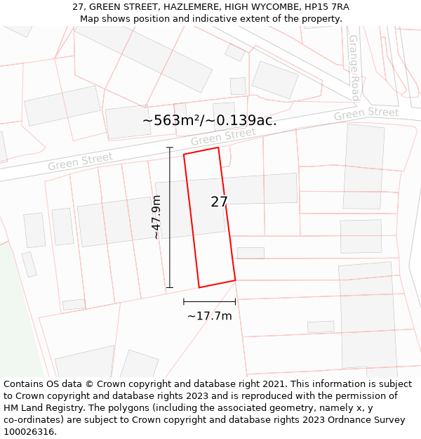 27, GREEN STREET, HAZLEMERE, HIGH WYCOMBE, HP15 7RA: Plot and title map