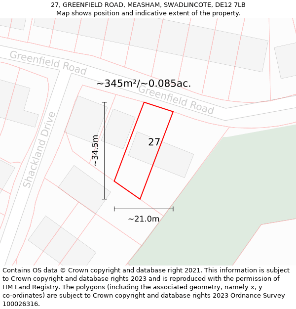 27, GREENFIELD ROAD, MEASHAM, SWADLINCOTE, DE12 7LB: Plot and title map