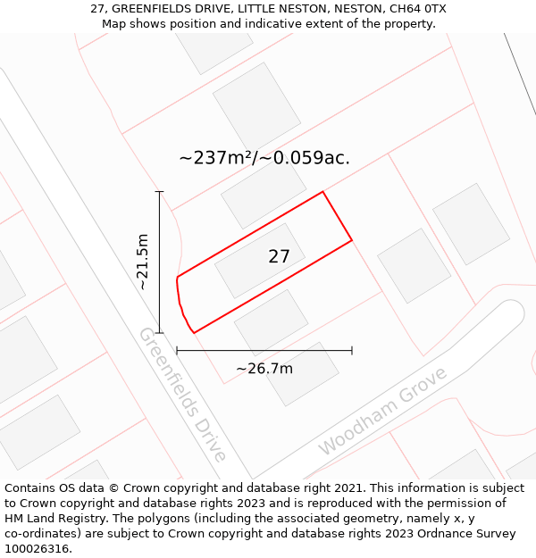 27, GREENFIELDS DRIVE, LITTLE NESTON, NESTON, CH64 0TX: Plot and title map