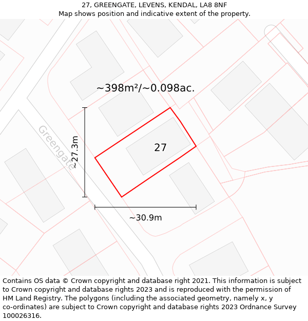 27, GREENGATE, LEVENS, KENDAL, LA8 8NF: Plot and title map