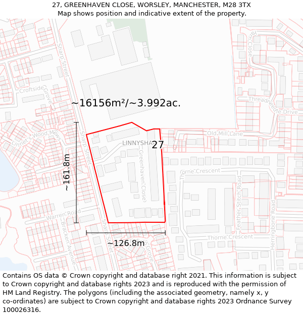 27, GREENHAVEN CLOSE, WORSLEY, MANCHESTER, M28 3TX: Plot and title map