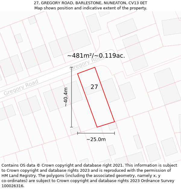 27, GREGORY ROAD, BARLESTONE, NUNEATON, CV13 0ET: Plot and title map