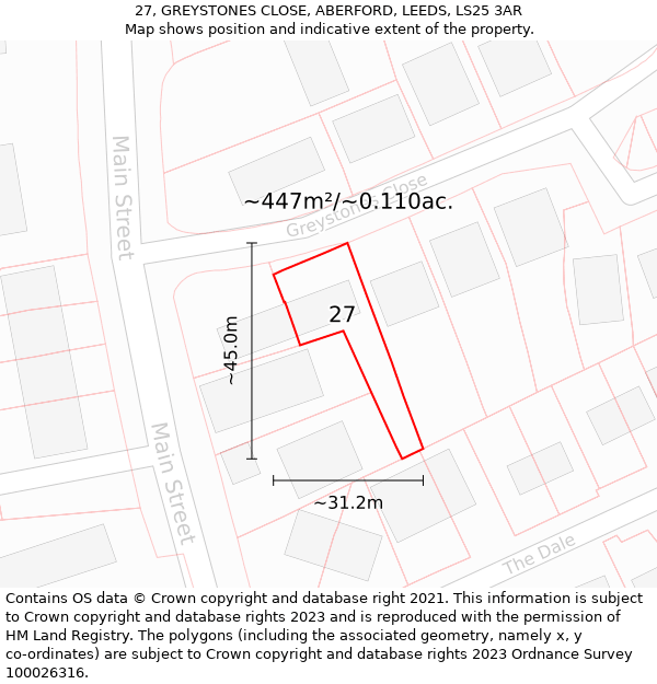 27, GREYSTONES CLOSE, ABERFORD, LEEDS, LS25 3AR: Plot and title map