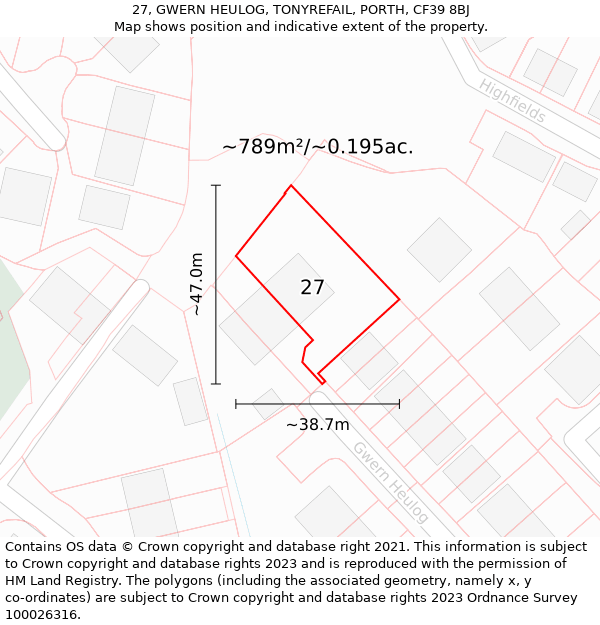 27, GWERN HEULOG, TONYREFAIL, PORTH, CF39 8BJ: Plot and title map