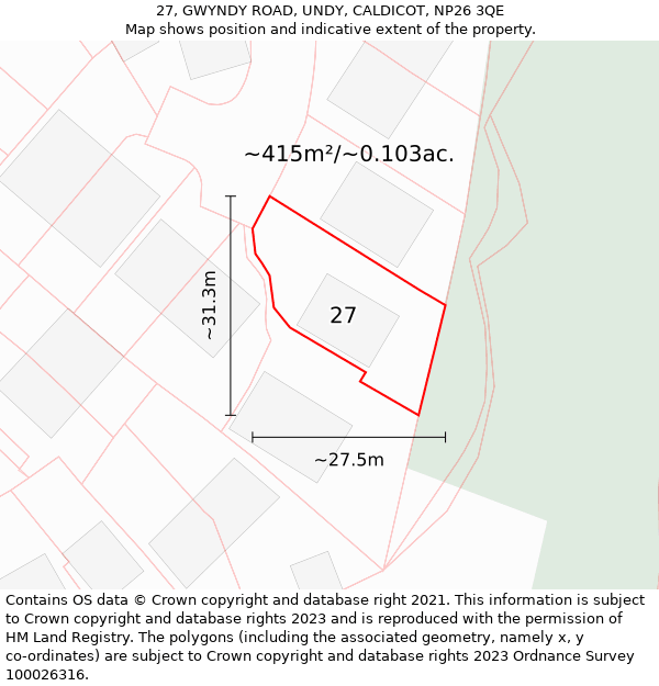 27, GWYNDY ROAD, UNDY, CALDICOT, NP26 3QE: Plot and title map