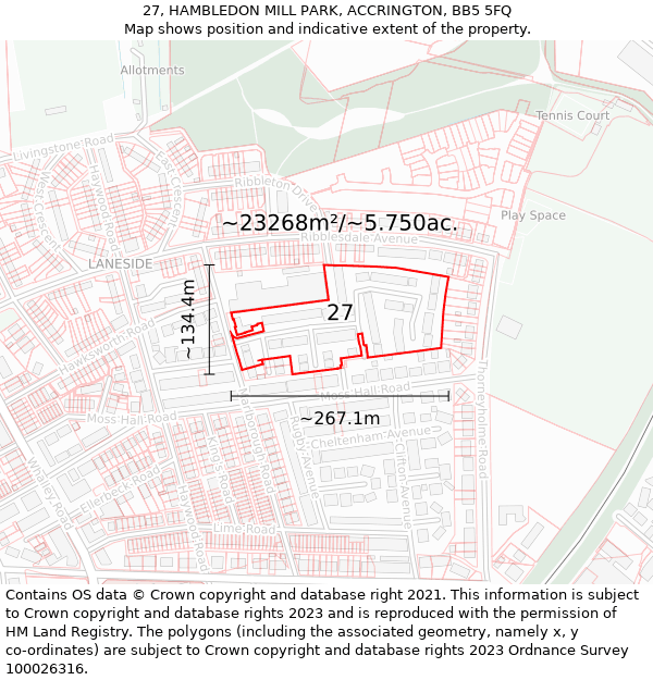 27, HAMBLEDON MILL PARK, ACCRINGTON, BB5 5FQ: Plot and title map