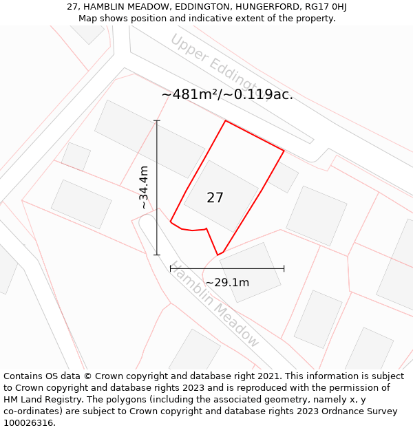 27, HAMBLIN MEADOW, EDDINGTON, HUNGERFORD, RG17 0HJ: Plot and title map