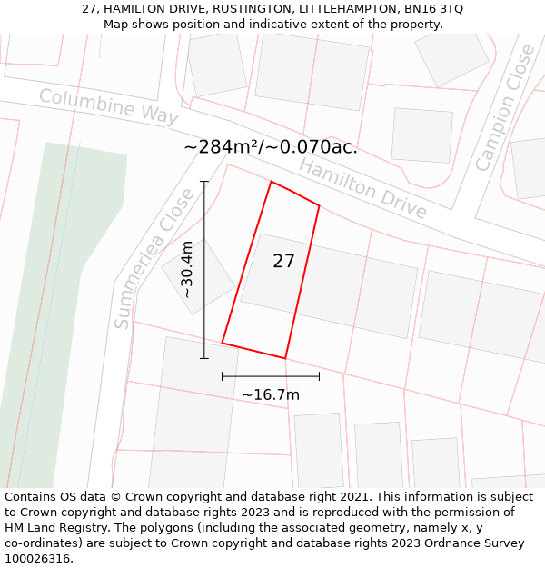 27, HAMILTON DRIVE, RUSTINGTON, LITTLEHAMPTON, BN16 3TQ: Plot and title map