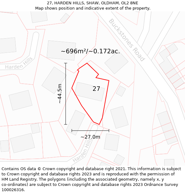 27, HARDEN HILLS, SHAW, OLDHAM, OL2 8NE: Plot and title map