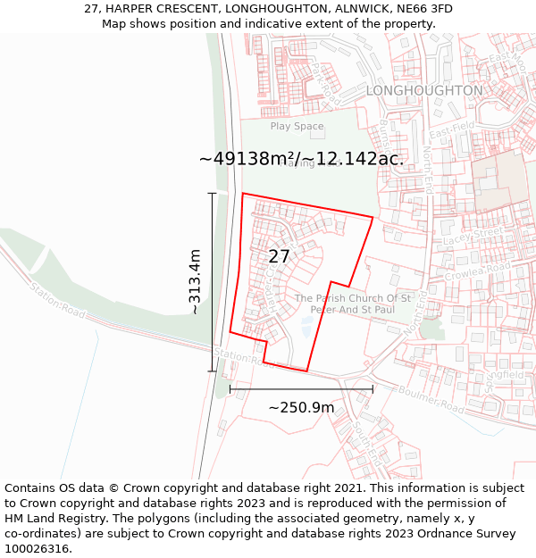 27, HARPER CRESCENT, LONGHOUGHTON, ALNWICK, NE66 3FD: Plot and title map