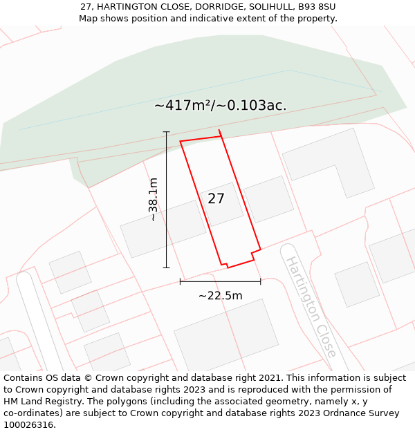 27, HARTINGTON CLOSE, DORRIDGE, SOLIHULL, B93 8SU: Plot and title map