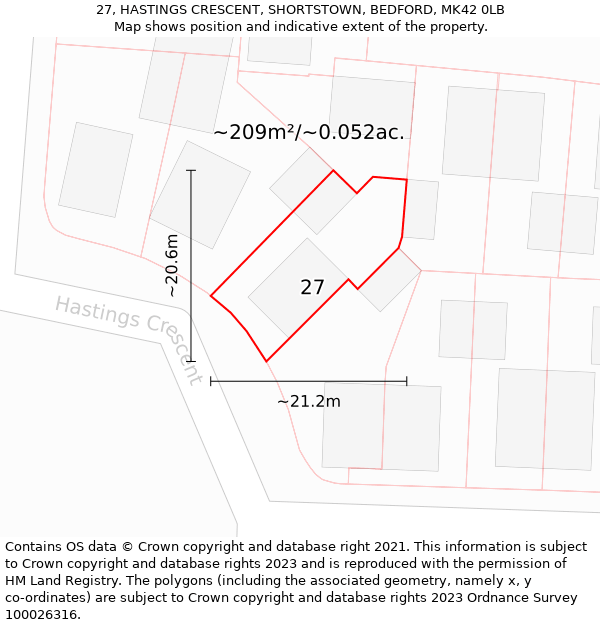 27, HASTINGS CRESCENT, SHORTSTOWN, BEDFORD, MK42 0LB: Plot and title map