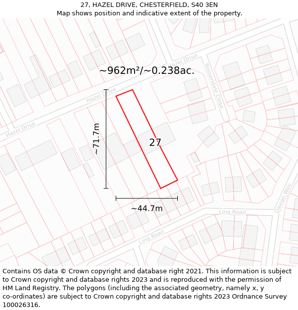 27, HAZEL DRIVE, CHESTERFIELD, S40 3EN: Plot and title map