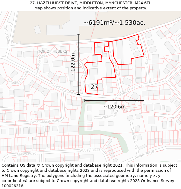 27, HAZELHURST DRIVE, MIDDLETON, MANCHESTER, M24 6TL: Plot and title map