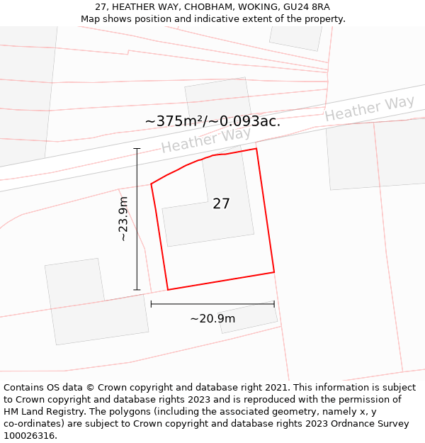 27, HEATHER WAY, CHOBHAM, WOKING, GU24 8RA: Plot and title map