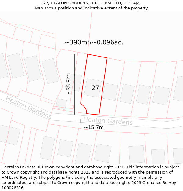 27, HEATON GARDENS, HUDDERSFIELD, HD1 4JA: Plot and title map