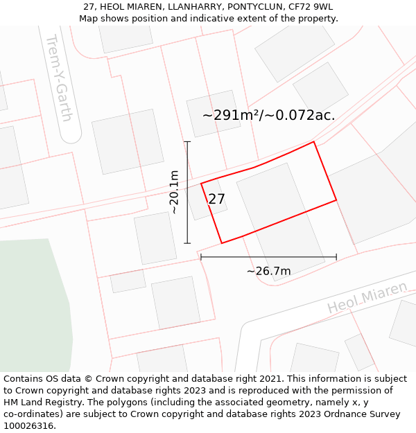 27, HEOL MIAREN, LLANHARRY, PONTYCLUN, CF72 9WL: Plot and title map