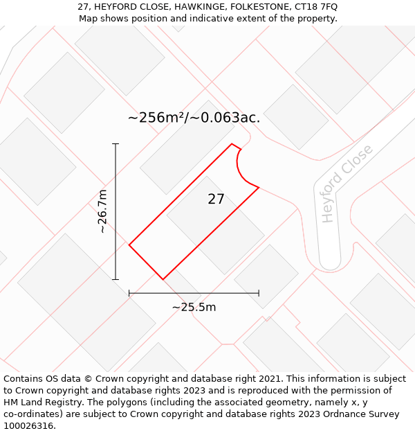 27, HEYFORD CLOSE, HAWKINGE, FOLKESTONE, CT18 7FQ: Plot and title map