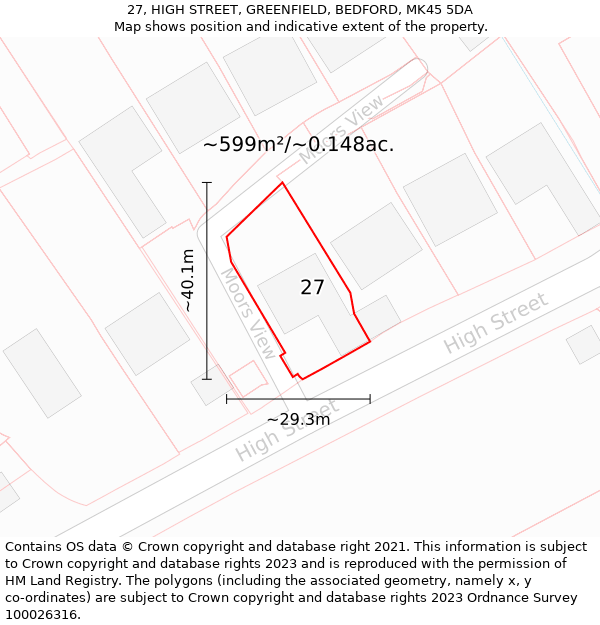 27, HIGH STREET, GREENFIELD, BEDFORD, MK45 5DA: Plot and title map