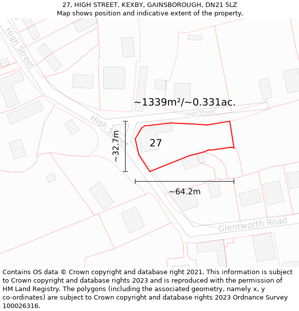 27, HIGH STREET, KEXBY, GAINSBOROUGH, DN21 5LZ: Plot and title map