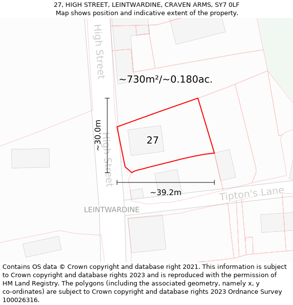 27, HIGH STREET, LEINTWARDINE, CRAVEN ARMS, SY7 0LF: Plot and title map