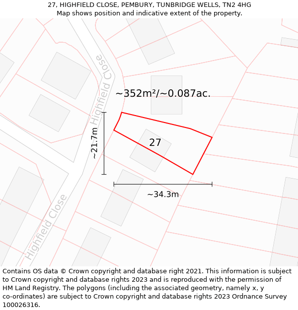 27, HIGHFIELD CLOSE, PEMBURY, TUNBRIDGE WELLS, TN2 4HG: Plot and title map