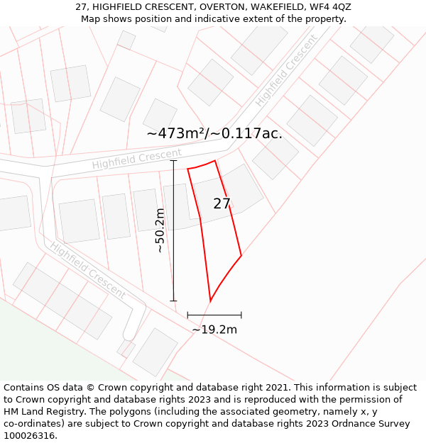 27, HIGHFIELD CRESCENT, OVERTON, WAKEFIELD, WF4 4QZ: Plot and title map