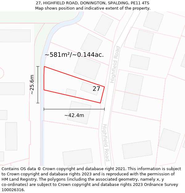 27, HIGHFIELD ROAD, DONINGTON, SPALDING, PE11 4TS: Plot and title map