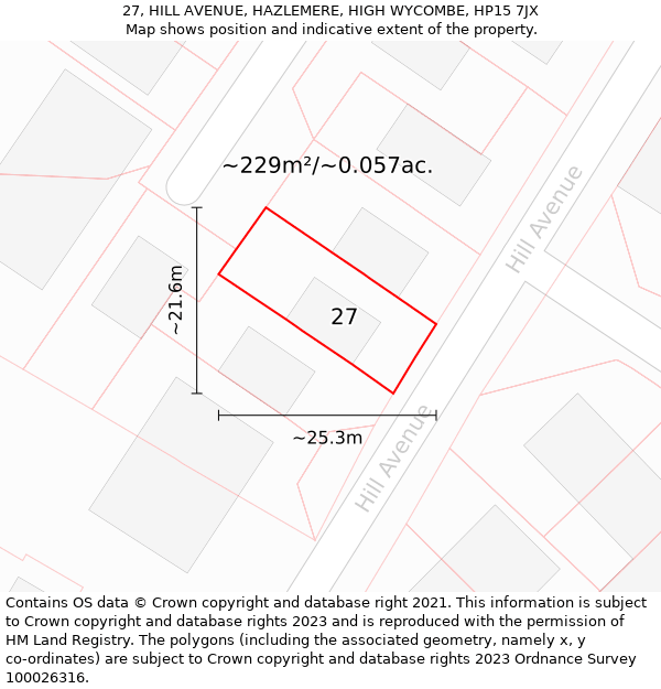27, HILL AVENUE, HAZLEMERE, HIGH WYCOMBE, HP15 7JX: Plot and title map