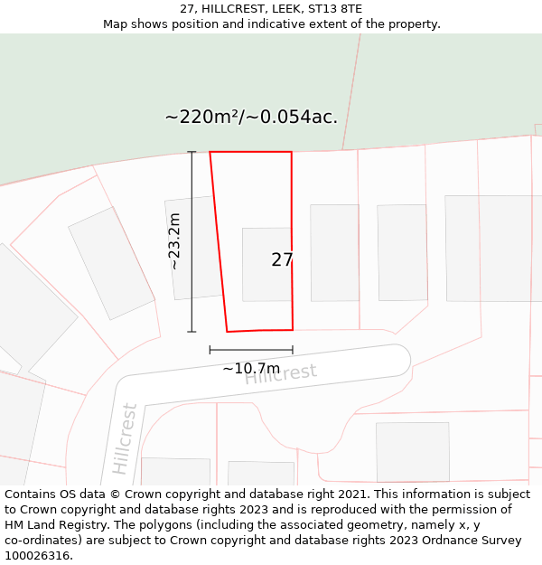 27, HILLCREST, LEEK, ST13 8TE: Plot and title map