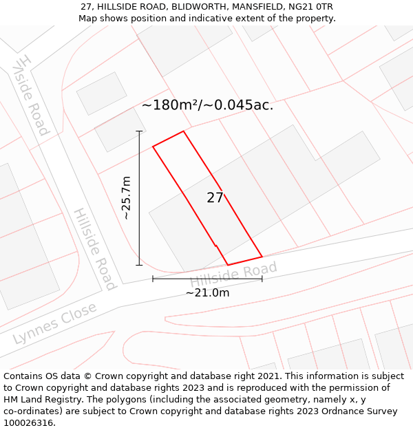 27, HILLSIDE ROAD, BLIDWORTH, MANSFIELD, NG21 0TR: Plot and title map