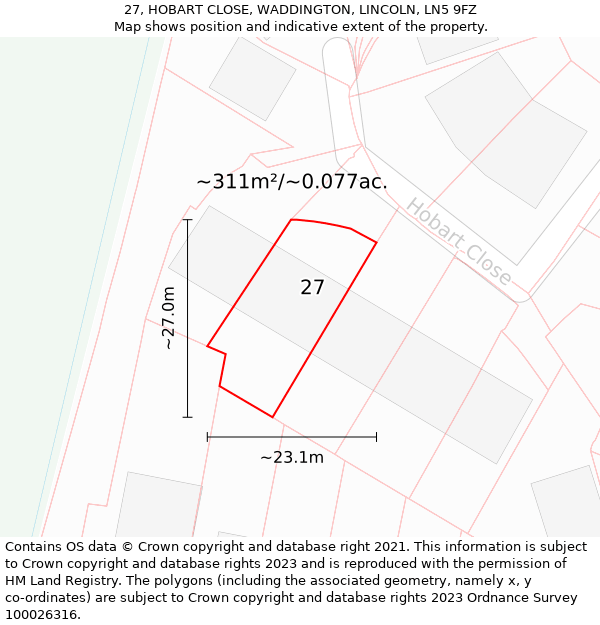 27, HOBART CLOSE, WADDINGTON, LINCOLN, LN5 9FZ: Plot and title map