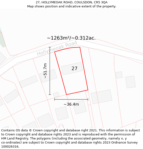 27, HOLLYMEOAK ROAD, COULSDON, CR5 3QA: Plot and title map